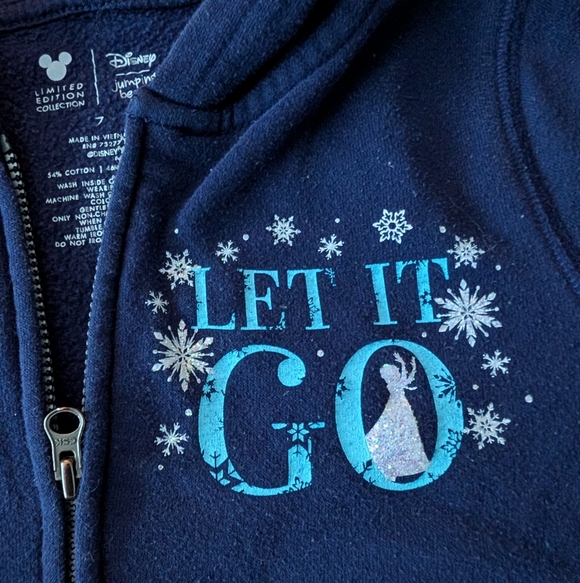 Disney Girls Frozen Hooded Zip Up Hoodie Sweatshirt Blue Glitter Graphic Print - Picture 3 of 10